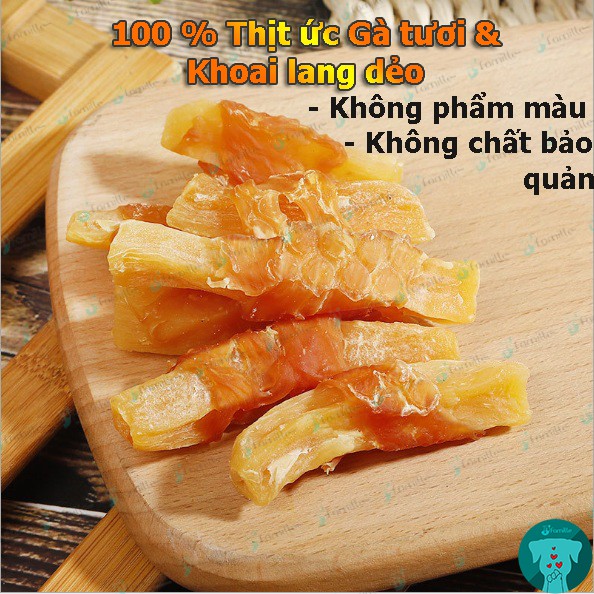 [DẺO-NGON]Gà Cuộn Khoai Lang Sấy Dẻo, Khoai Dẻo - Gà Dai, Snack- Bánh Thưởng Cao Cấp Cho Cún Cưng. Gói 100Gr - JF92