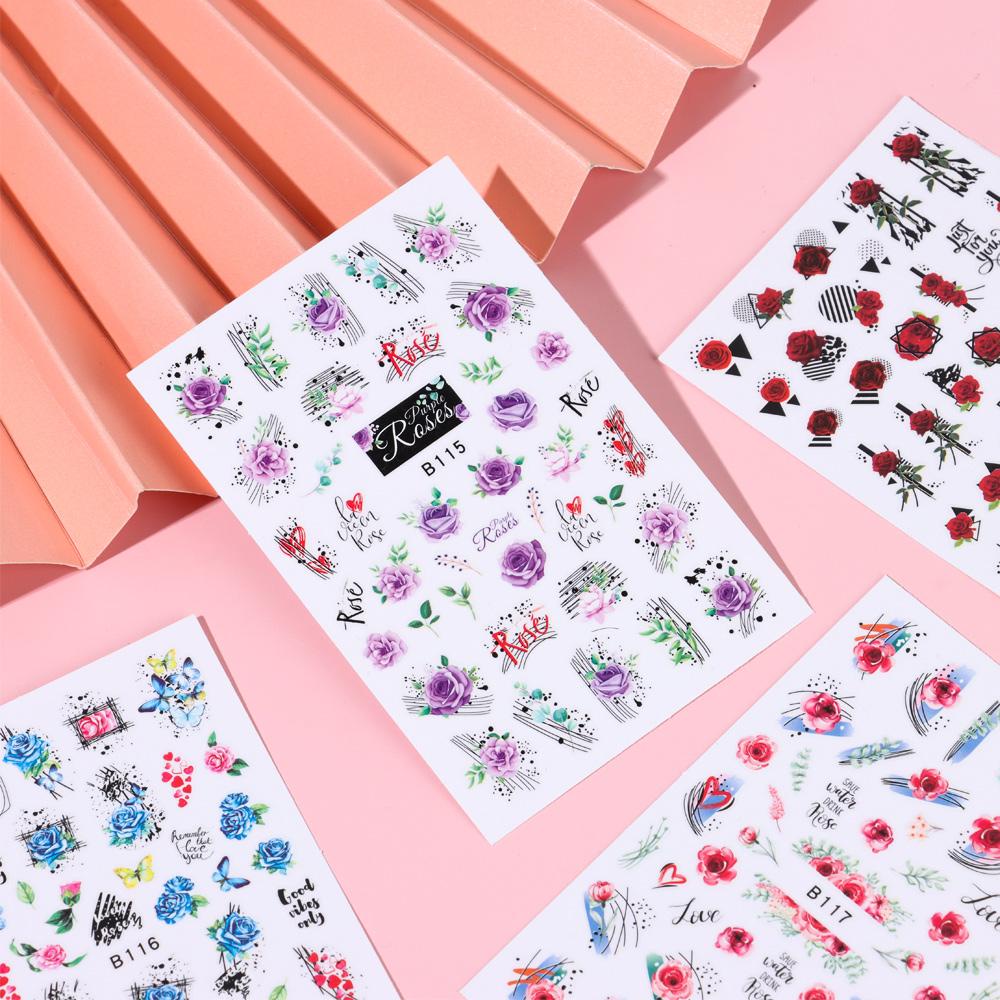 DIACHAVN Miếng Dán Trang Trí Móng Tay In Chữ Và Hoa Hồng Nghệ Thuật