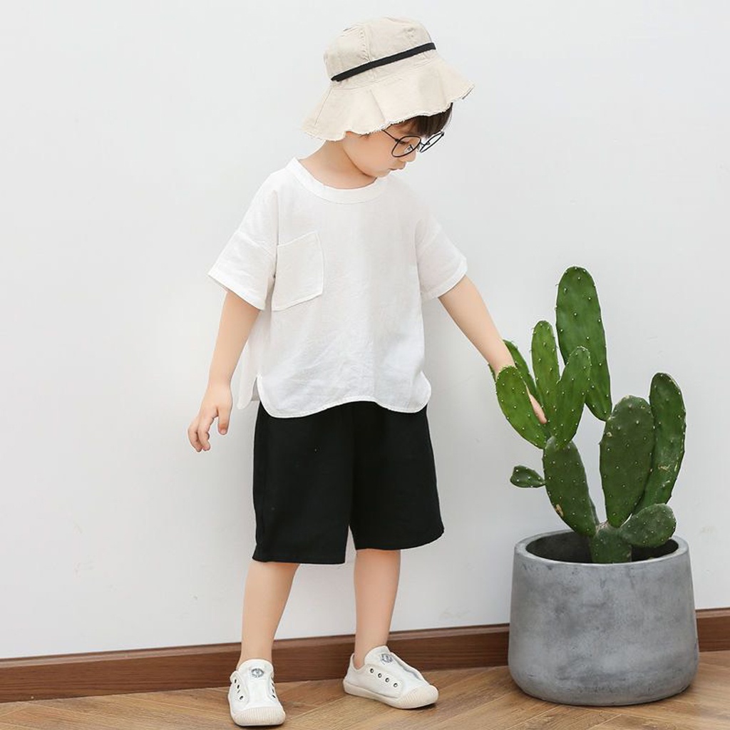 Bộ đồ bé trai, Bộ cộc tay vải đũi có túi ngực cho trẻ mặc đi chơi từ 6-28kg - LILA KIDS