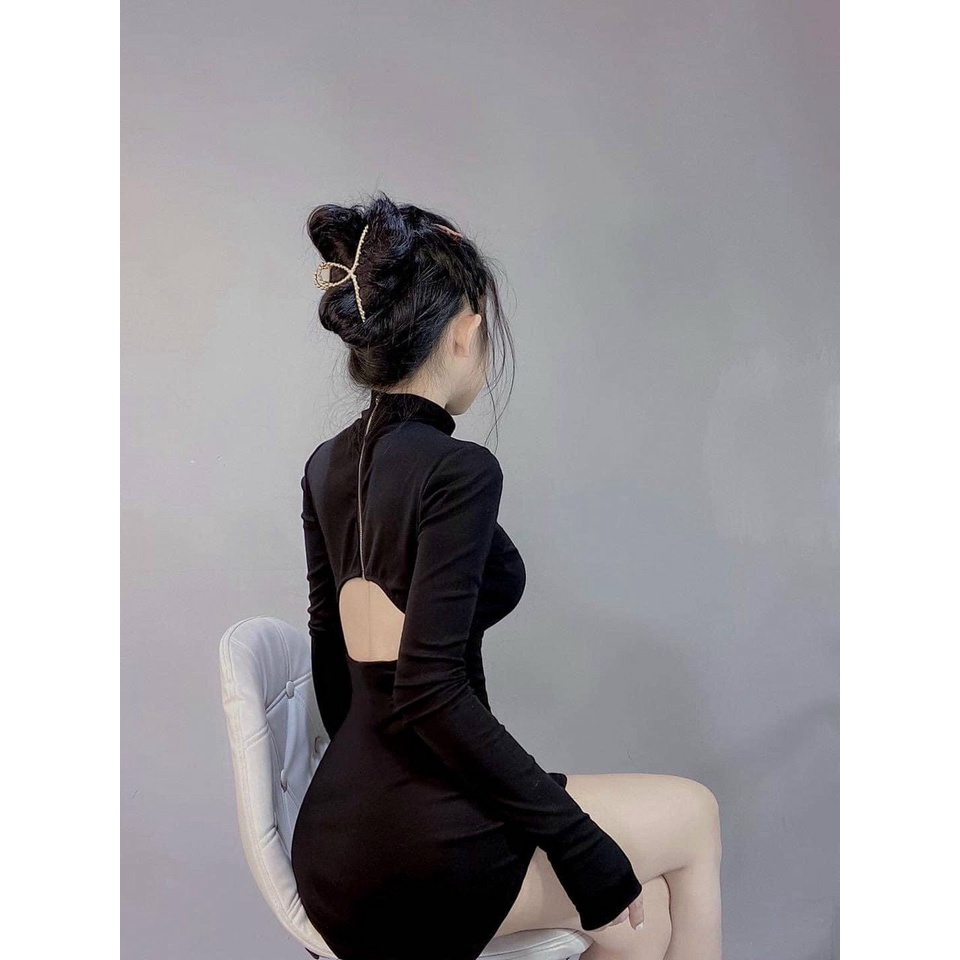 Đầm Ngắn Body Tay Dài Khoét Lưng Chất Liệu Thun Co Giãn