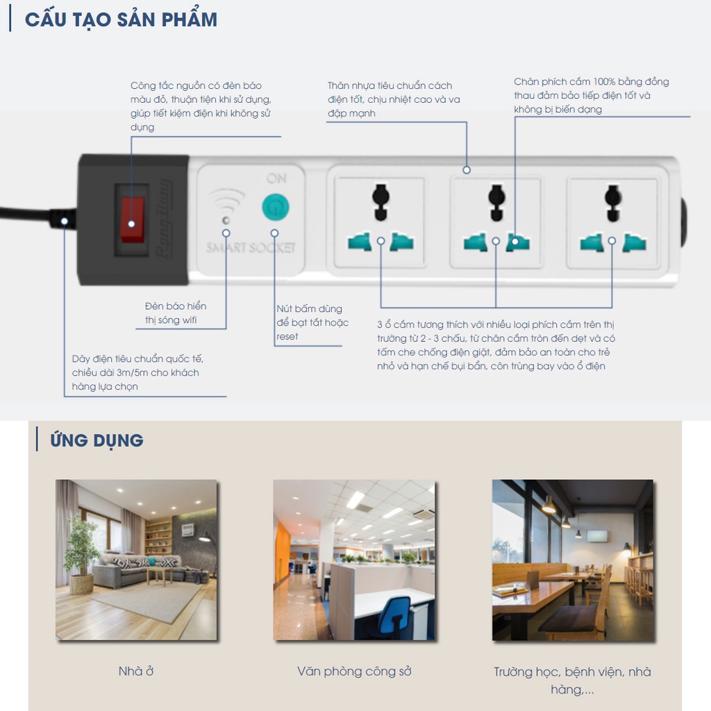 Ổ cắm điện thông minh Rạng Đông điều khiển từ xa bằng Wifi, dây dài 5 mét, tương thích với mọi loại phích cắm