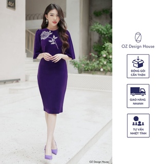 Đầm nữ trung niên OZ Design House DA12007WIN22 dáng ôm màu tím chất liệu nhung co giãn thêu họa tiết cành hồng