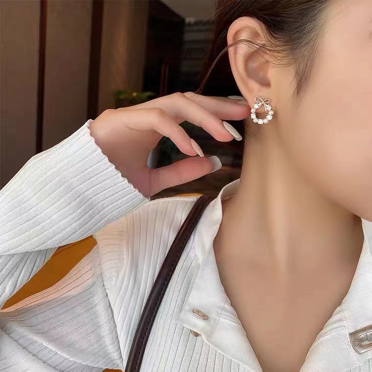 Hoa tai S925 hình nơ đính ngọc trai giả thời trang thanh lịch dành cho nữ Yanqueens Trang sứ Quà tặng
