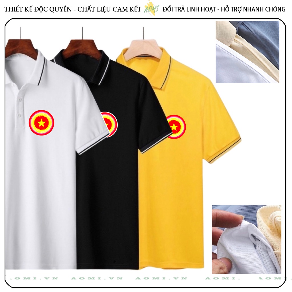 ÁO POLO CAPTAIN SAO VÀNG VIỆT NAM CHẤT CÁ SẤU MÈ ĐEN TRẮNG VÀNG UNISEX PHÔNG NAM NỮ THUN CỔ BẺ BASIC GIA ĐÌNH AOMIVN