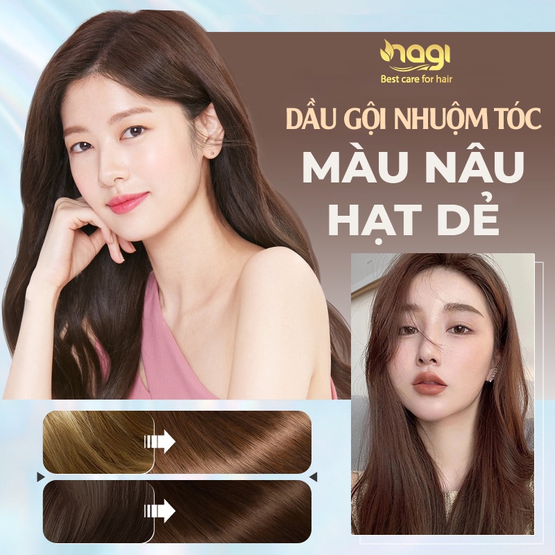 Dầu gội nhuộm tóc thảo dược màu Nâu Hạt Dẻ Nagi Chestnut Brown 11 chiết xuất từ thiên chiên chai 400ml