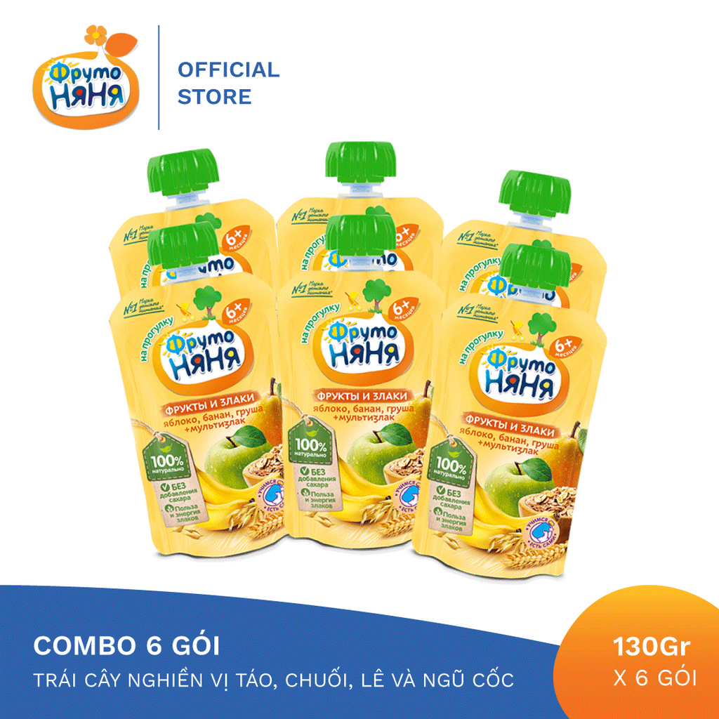 Combo 6 Gói Trái cây nghiền vị táo, chuối, lê và ngũ cốc Fruto Nyanya 130g/gói