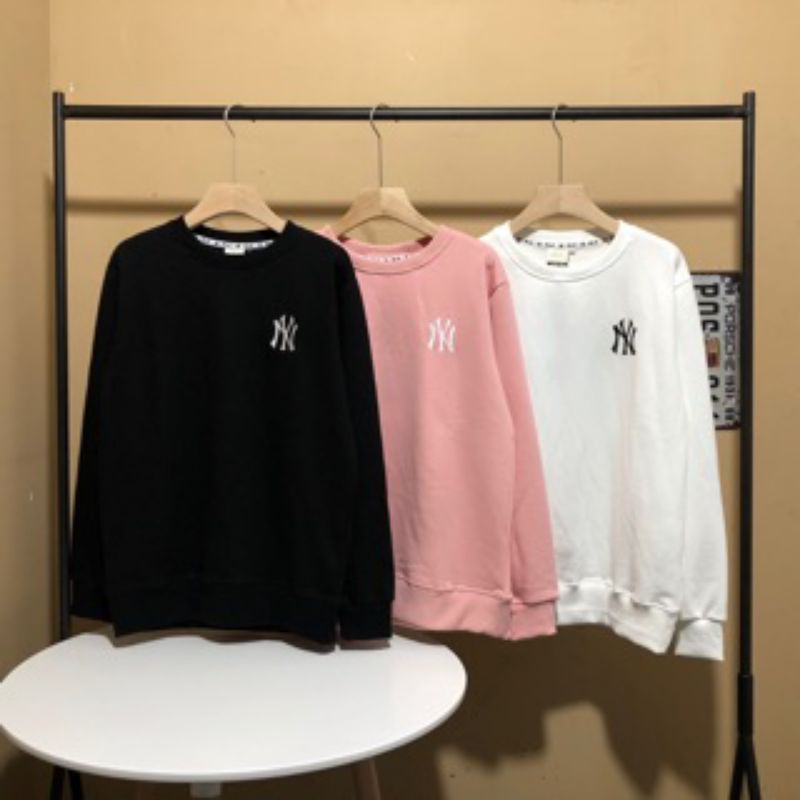 Áo thun unisex nỉ cotton ML.B xuất xịn thêu logo NY tay dài cổ tròn bo gấu hồng, xanh lá