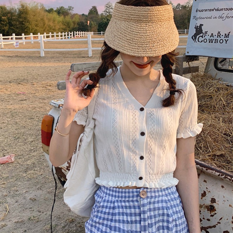 Áo Croptop Dệt Kim Tay Ngắn Thiết Kế Trễ Vai Nữ Tính