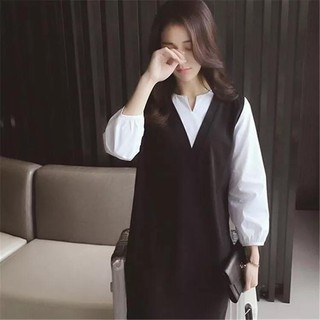 Myc 1263 váy bầu đen phối trắng cổ khoét v