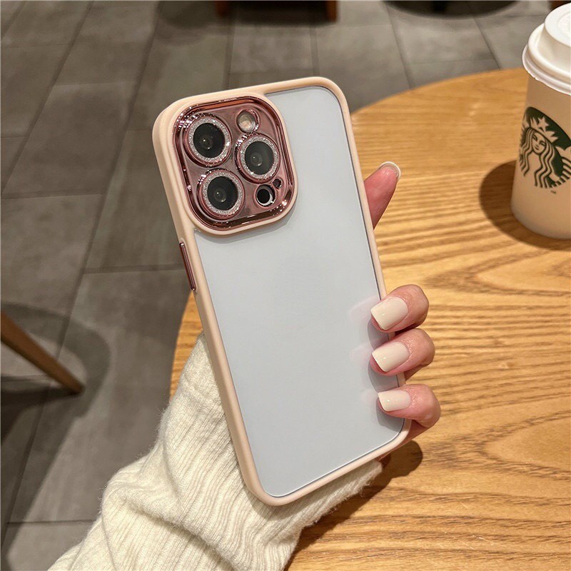 _Ốp lưng kính trong viền màu bảo vệ camera gắn đá nhũ cho iPhone 14 , 13 Pro, 13 Pro Max siêu đẹp sang trọng
