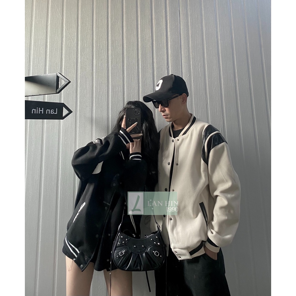 Áo Khoác Bomber Unisex Dạ Phối Vai Da 2 Màu Kem/Đen