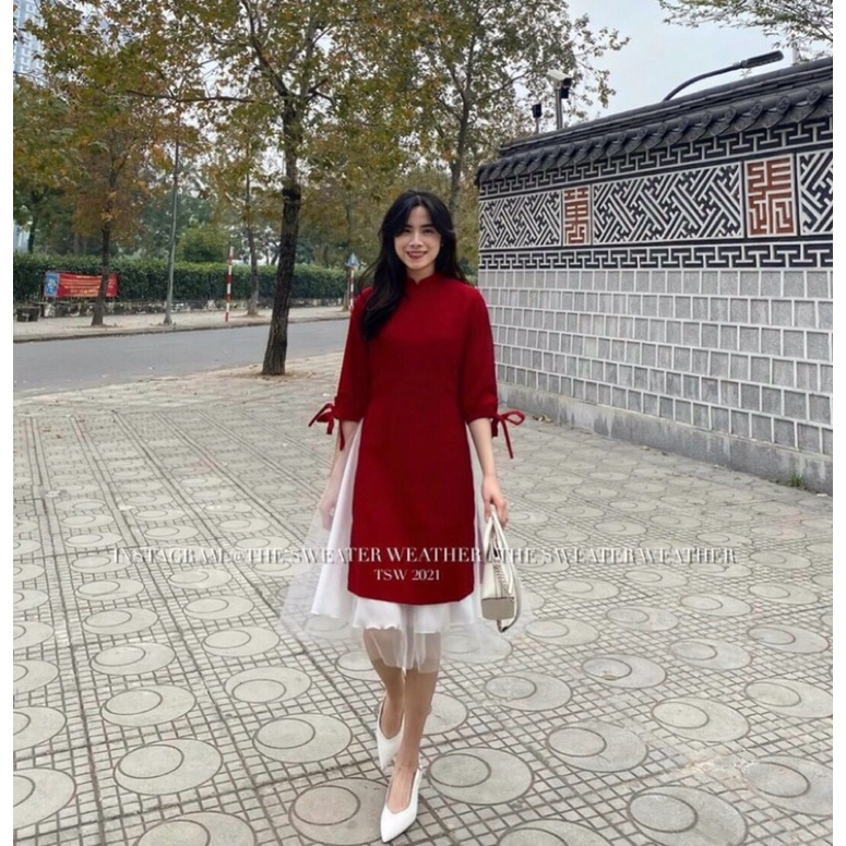 Set Áo dài đỏ tay lửng thắt nơ cổ tàu + quần suông đen