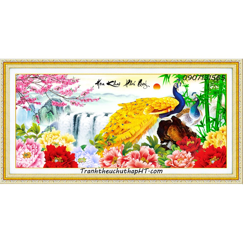 Tranh thêu chữ thập chim công mẫu đơn Hoa khai phú quý LV3054 - size: 100*51cm (tự thêu)