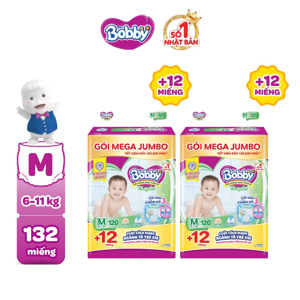 Combo 2 Gói Tã Quần Bobby Lõi Nén 3mm M120/L104/XL92/XXL84