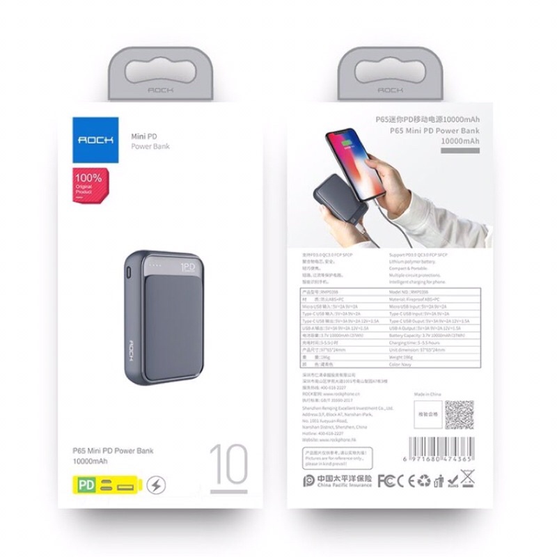 Pin Sạc Dự Phòng Rock P65 Mini 10000mAh Chuẩn PD 3.0- Hàng chính hãng