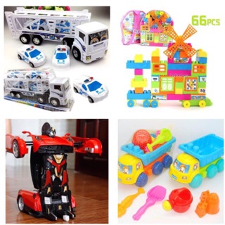 Combo 4 món đồ chơi cho bé trai, bé gái[xe công trở oto, Biến hình robot, xếp hình nông trại, xe xúc cát]