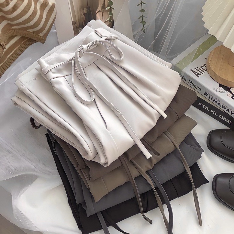 Quần suông công sở ống rộng có nơ thắt cạp cao hack dáng mặc đi làm đi học