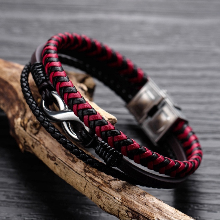 Vòng tay bằng da phối màu đen đỏ phong cách đi tiệc hip hop thời trang dành cho nam