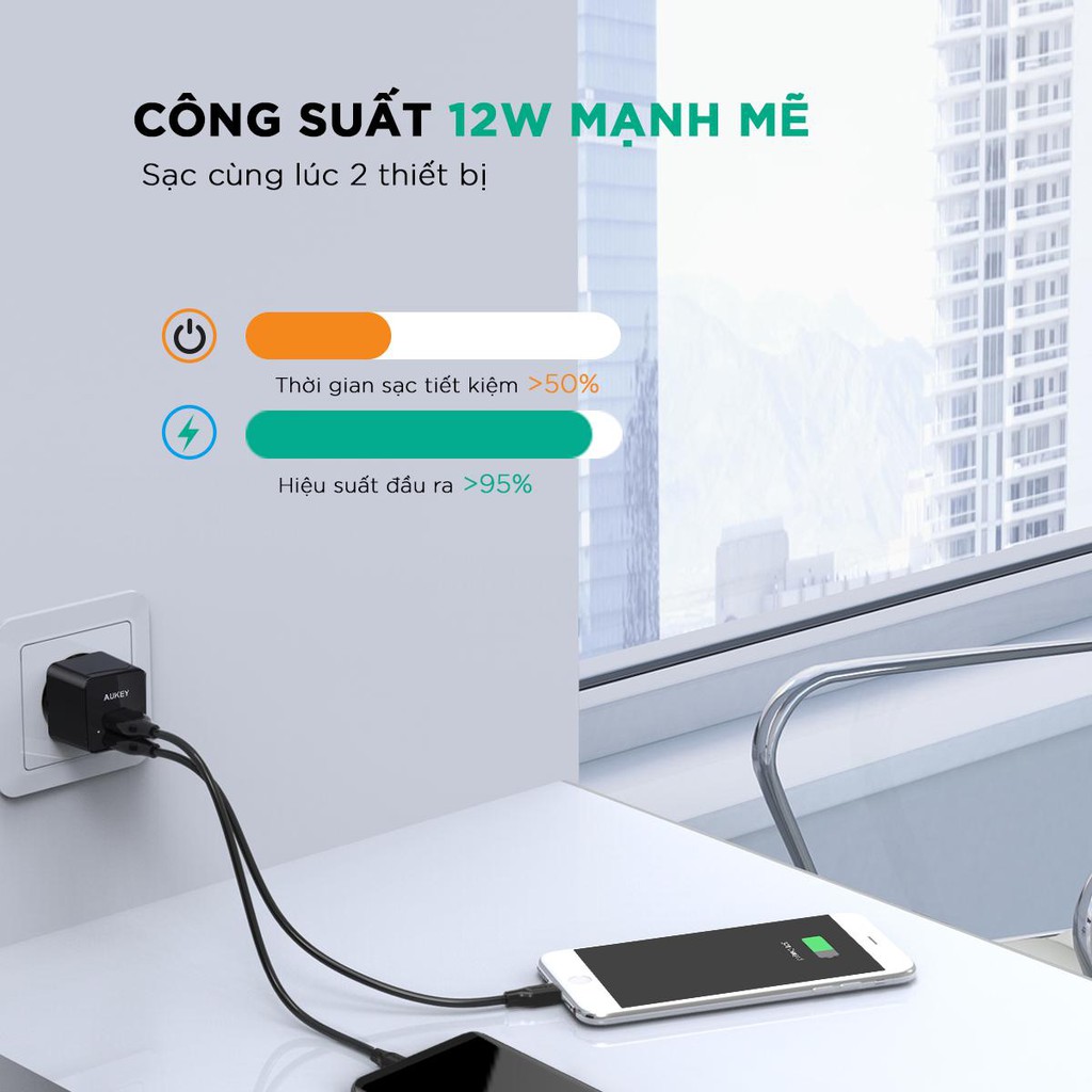 Sạc USB Aukey PA-U32 Đầu Ra 2.4A Công Nghệ AiPower Thông minh - Hàng Chính Hãng