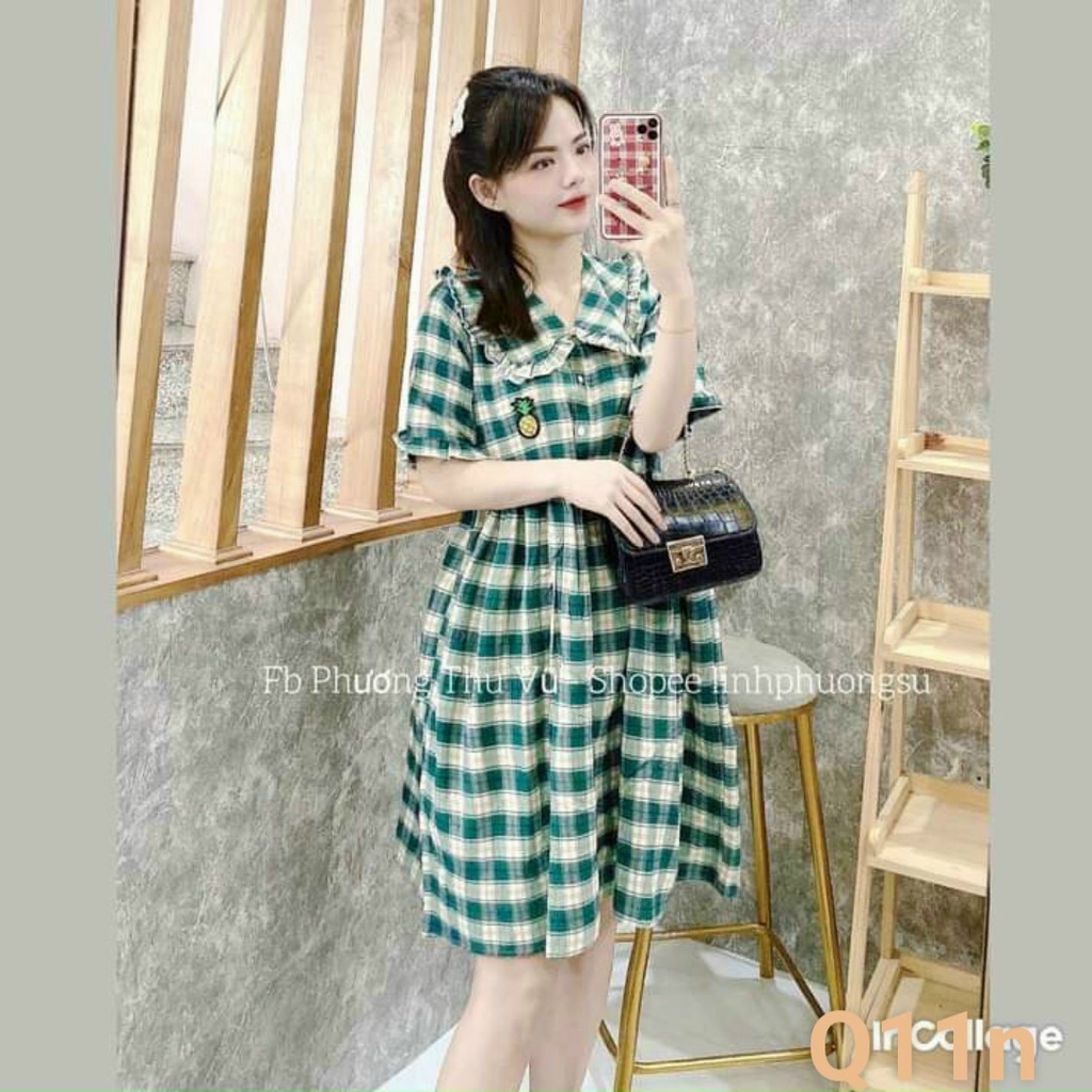 ĐẦM SUÔNG BABYDOLL HỌA TIẾT CARO THÊU TRÁI THƠM TIỂU THƯ THANH LỊCH - FREE SIZE DƯỚI 52KG - SHOP BÉ MY Ú VN108