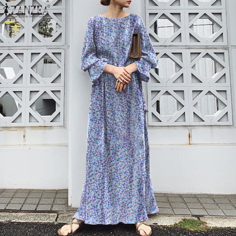 Đầm maxi Zanzea dài tay ống loe xẻ tà phong cách vintage thời trang cho nữ