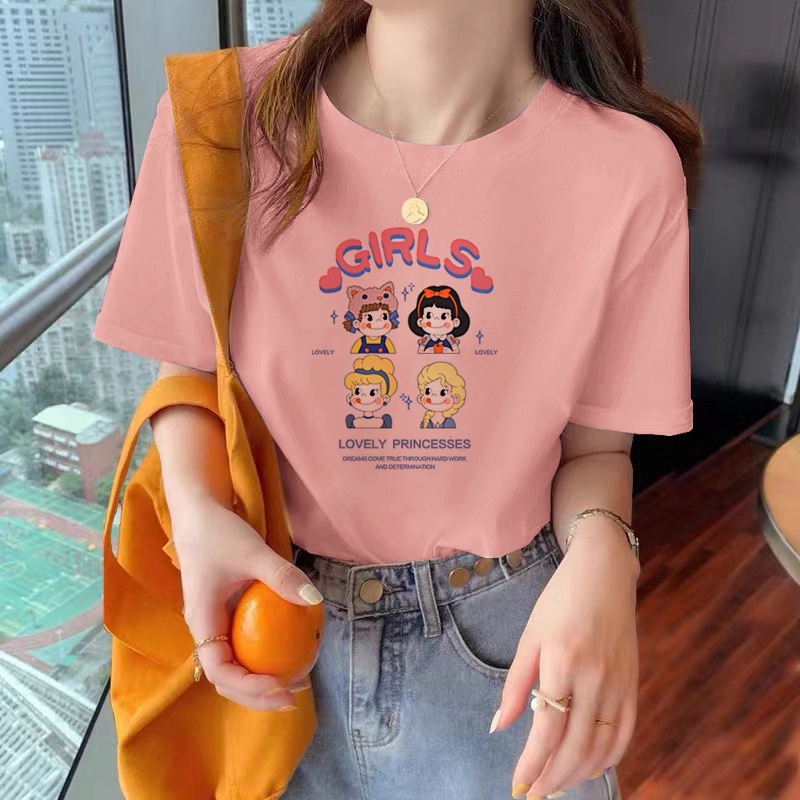 NRVP Áo thun 100% cotton tay ngắn cổ tròn dáng rộng in hình hoạt hình phong cách Hàn Quốc cho nữ