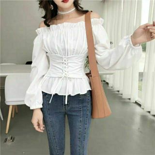 (SẴN) Áo trễ vai đan dây buộc dây eo dài tay