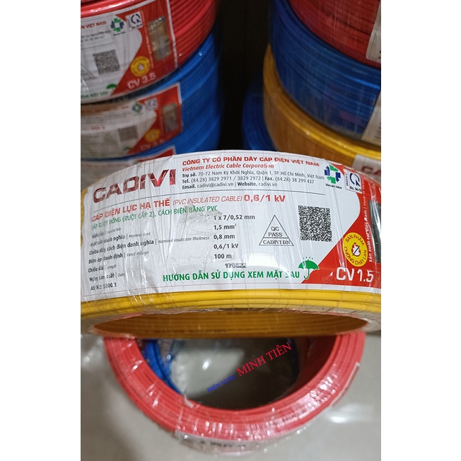10m, 20m, 30m, 40m, 50m Dây điện đơn Cadivi, dây cáp điện đơn Cadivi  CV 1.5 lõi đồng bọc nhựa PVC