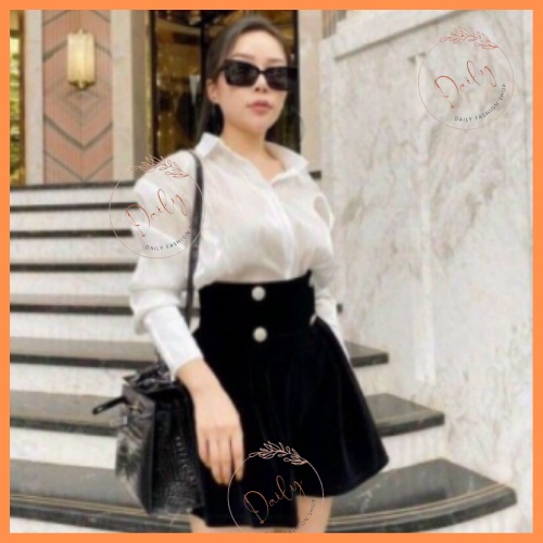 Quần Short Nhung Nữ Xòe Dáng Váy Cạp Cao Dày Dặn 4 Khuy Sang Chảnh