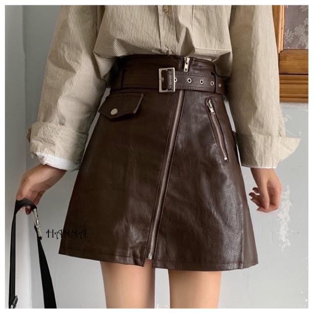 Chân Váy Chữ A, Chân Váy Da Cạp Cao Túi Nắp Khóa Kéo Có Quần Trong, Kèm Belt Hàng Quảng Châu Cao Cấp Trẻ Trung | Hanna