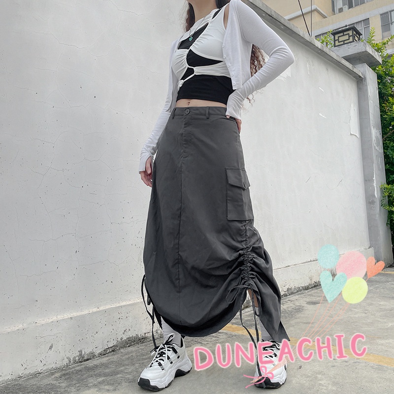 DUNEA Chân Váy Dáng Rộng Màu Trơn Phối Dây Rút Cá Tính Cho Nữ