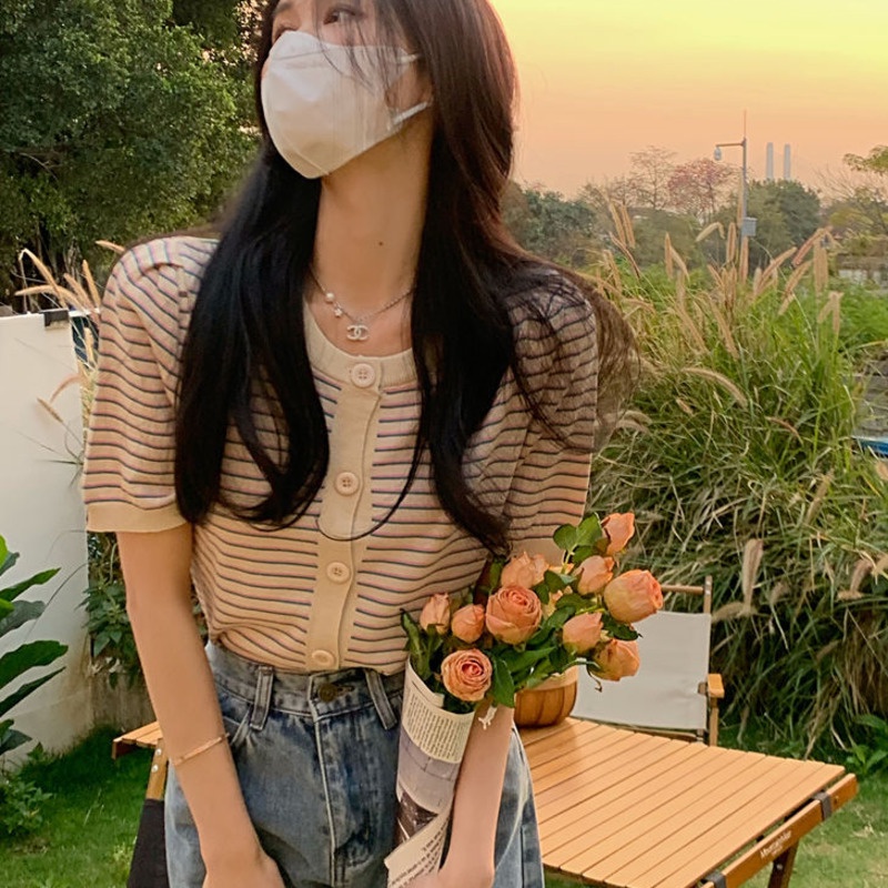 Áo Cardigan Dệt Kim Tay Ngắn Phồng Dáng Rộng Kẻ Sọc Màu Sắc Tương Phản Phong Cách Hàn Quốc