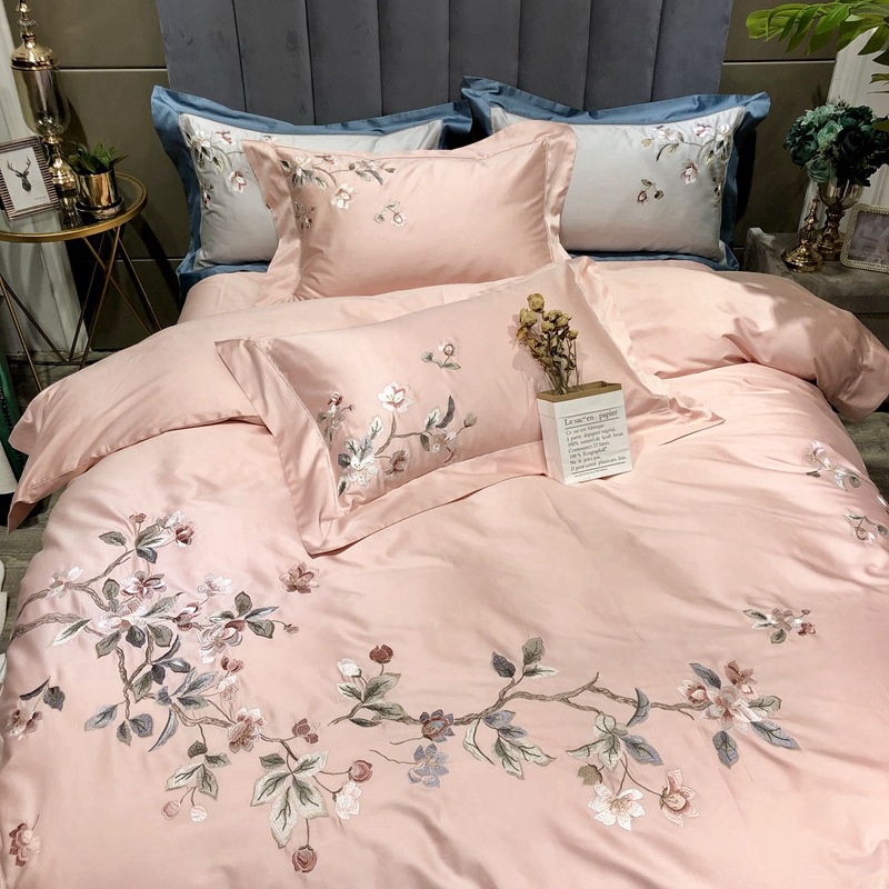 GC799 Bộ chăn ga gối thêu chất cotton lụa cao cấp hàng nhập