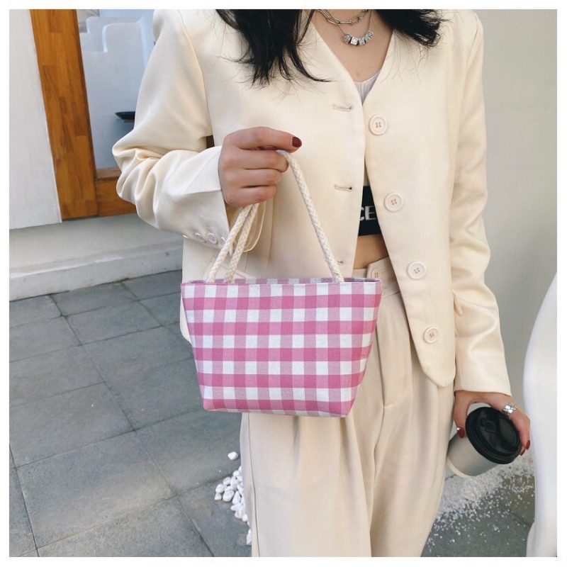 Túi vải canvas cầm tay hàng Quảng Châu kẻ caro nhỏ có khoá kéo tay cầm