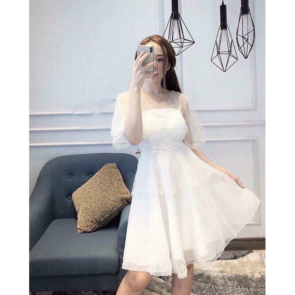 Đầm Nữ Dự Tiệc Trắng Xòe Đính Chuỗi
