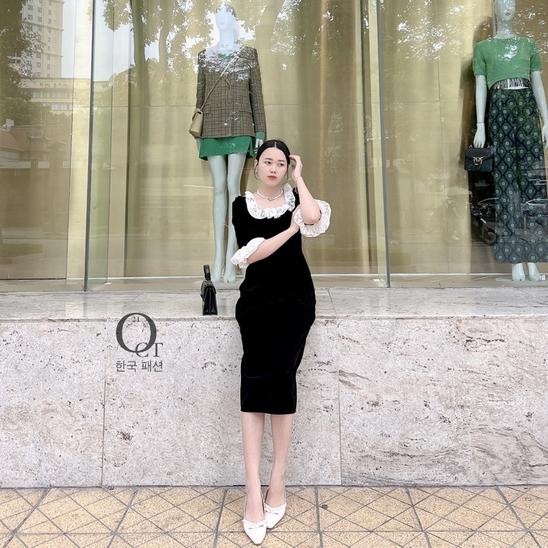Đầm body cổ vuông - nhung phối ren