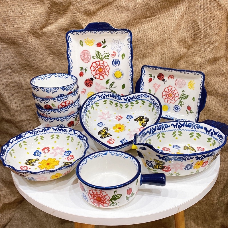 Bộ bát đĩa sứ hình hoa thổ cẩm siêu đẹp- Decor bếp