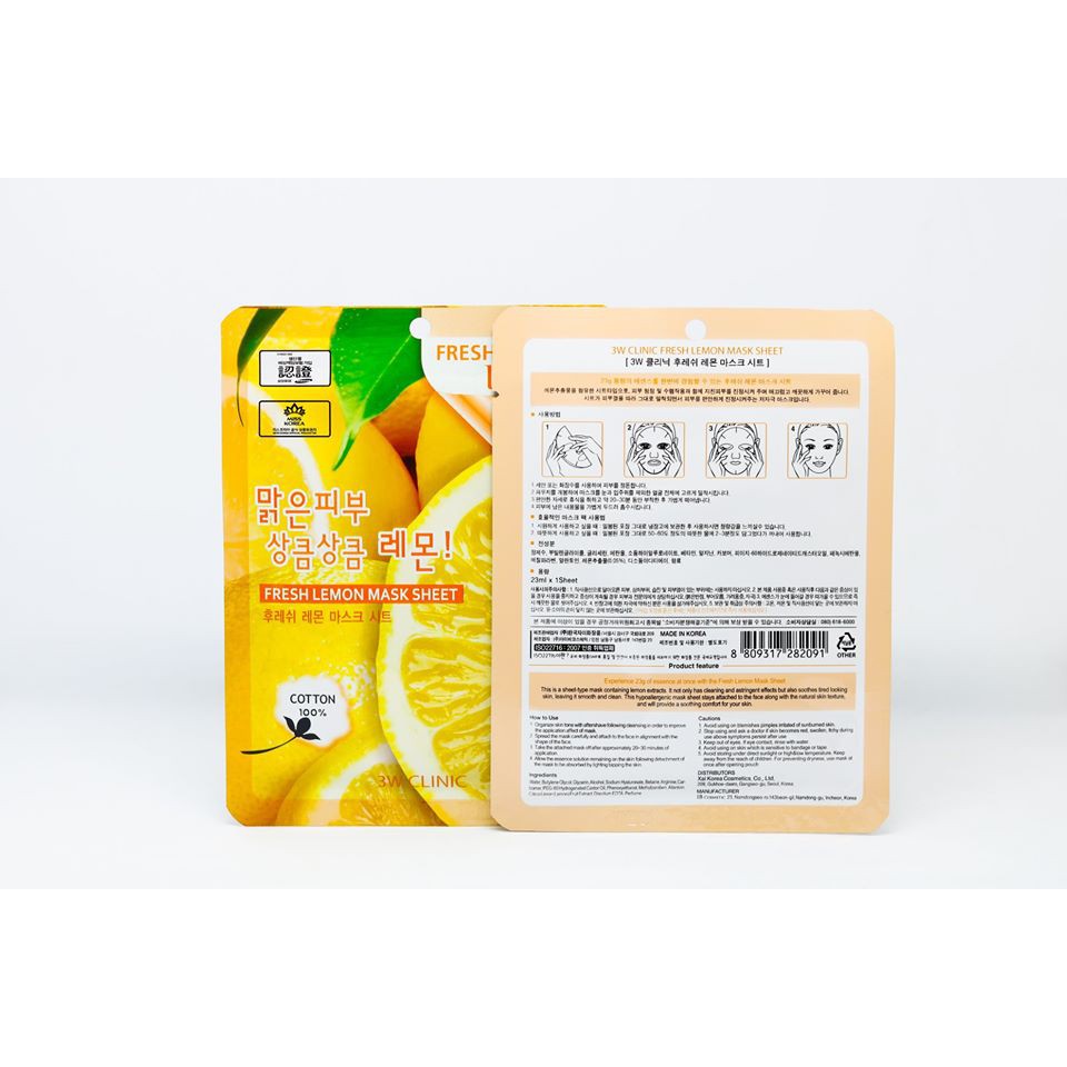 (CHUẨN HÀN CÓ BILL ) Mặt nạ dưỡng trắng sáng da chiết xuất chanh tươi 3W Clinic Fresh Lemon Mask Sheet chính hãng