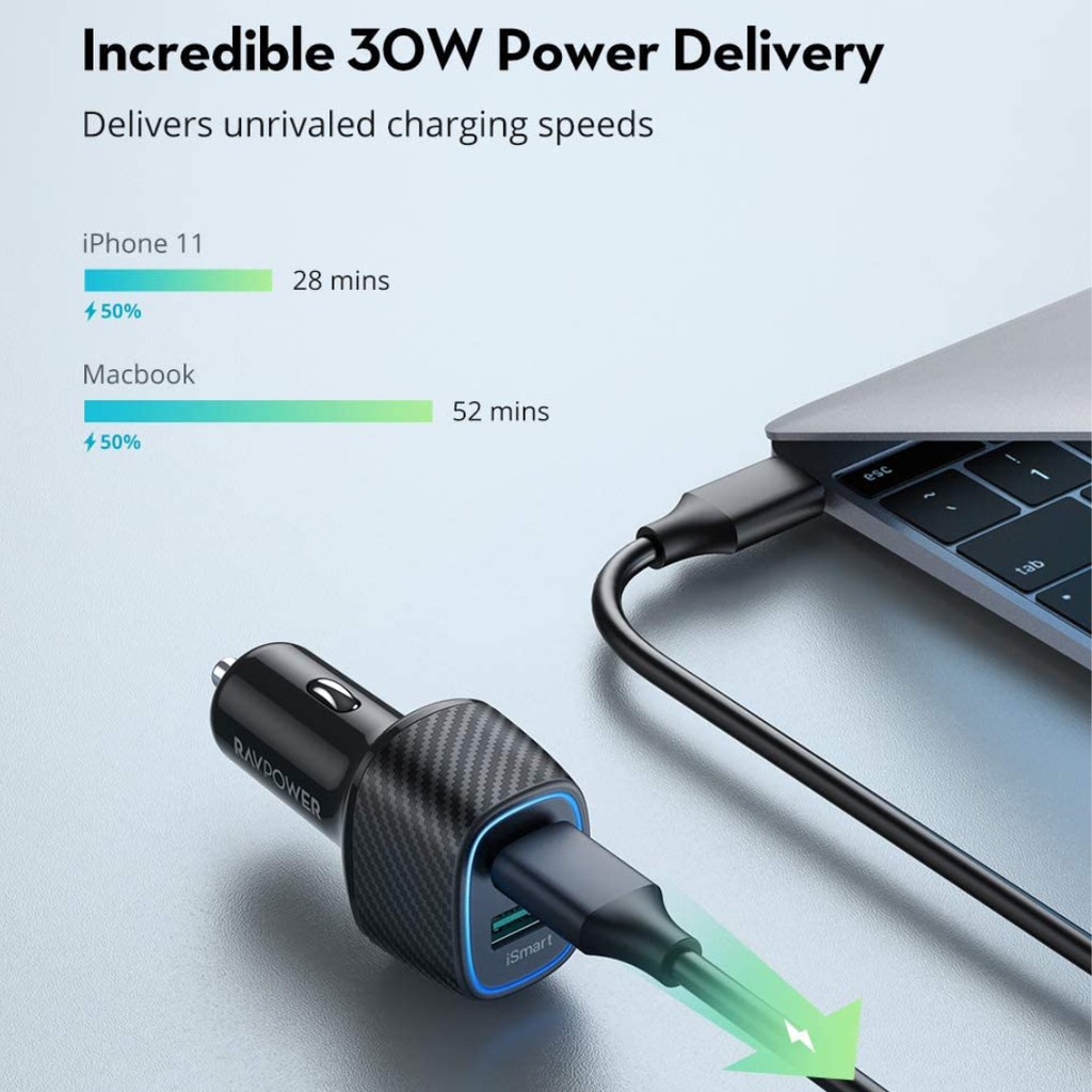 Củ Sạc Điện Thoại Trên Ô Tô RAVPower RP-VC019 48W QC 3.0 1 USB Type C Và 1 USB - Hàng Chính Hãng