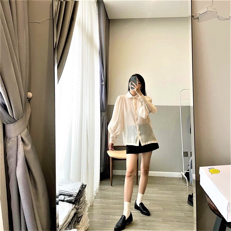 Sơ mi kiểu cổ sen phong cách hàn quốc chất liệu tơ mềm mịn không nhăn nhàu mặc đi chơi đi làm A36