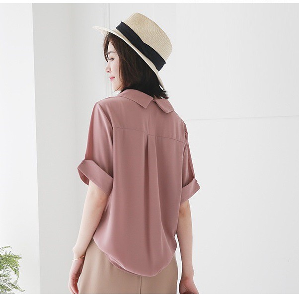 Áo sơ mi nữ ngắn tay kiểu cổ lá sen Vải mango cao cấp