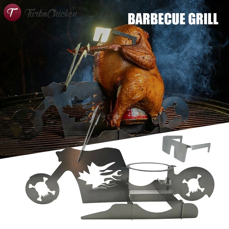 #New# Portable Chicken Stand Beer American Motorcycle BBQ Stainless Steel Rack with Glasses Indoor Outdoor Use