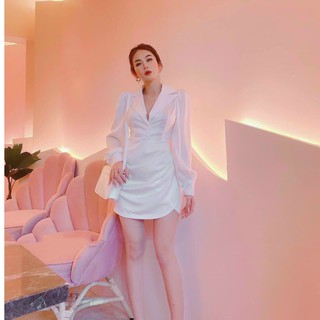 Đầm nữ dự tiệc sang trọng tôn dáng phối lụa satin họa tiết tay dài cổ sơ mi 4 màu qúy phái - winchois