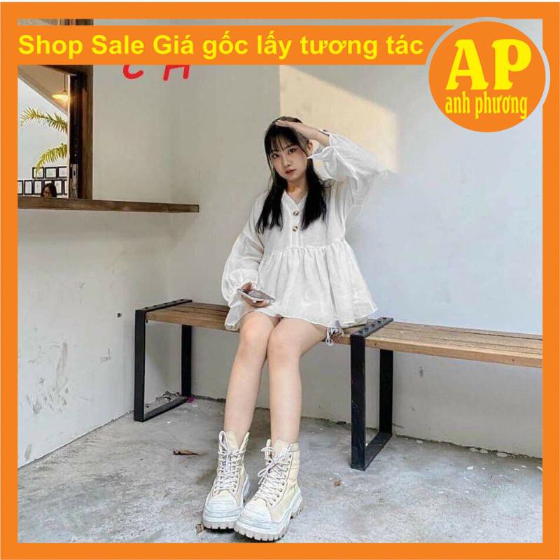 Áo sơ mi babydoll Cúc gỗ có ảnh thật sp