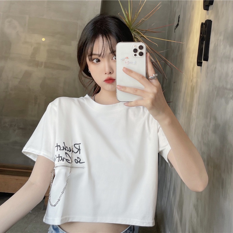 Áo Thun Tay Ngắn Dáng Rộng Có Khóa Kéo In Chữ Thời Trang Cho Nữ