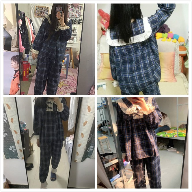 Bộ đồ ngủ tay dài phối sọc ca rô trẻ trung cho phái nữ