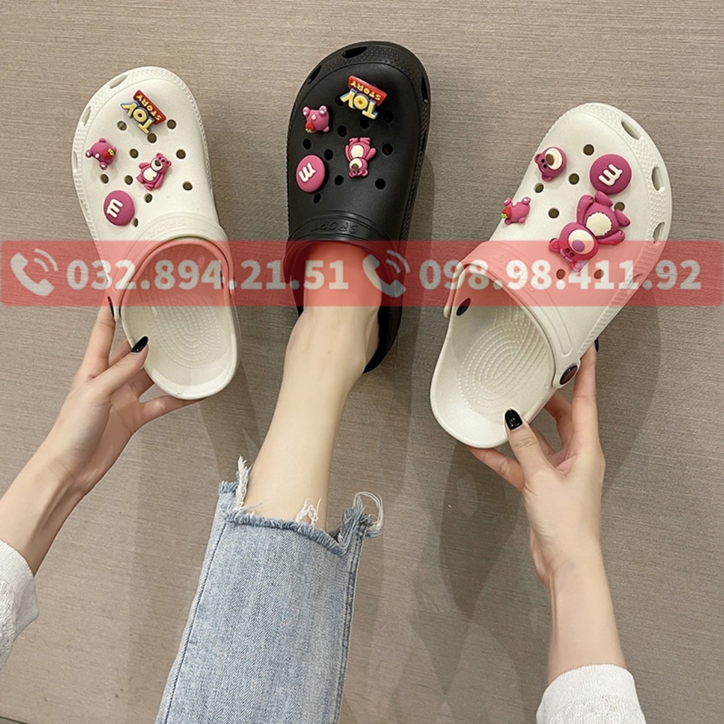 dép cross họa tiết gấu PUD hồng 2 màu đen trắng tặng thêm 12 jibitz cross