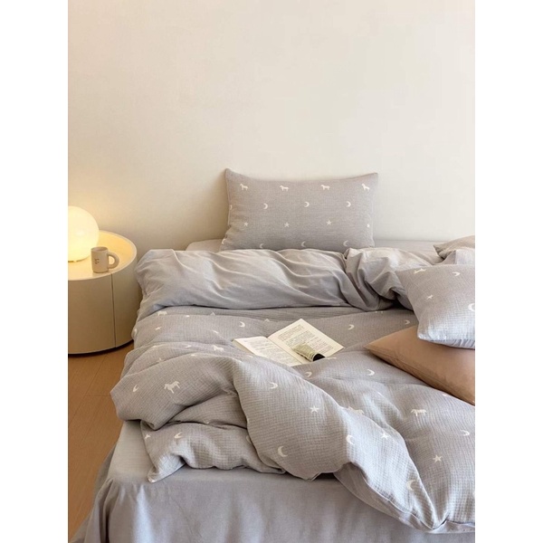 Bộ vỏ chăn ga gối 4 món vải Cotton Linen Hàn Quốc, chất liệu xô muslin Suhali.shop