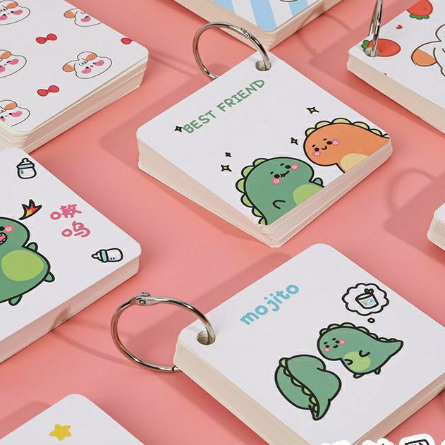 Flashcard học từ vựng ngọai ngữ hình vuông khủng long và hoạt hình cute/ note ghi chú/ ghi nhớ từ vựng 80 tờ