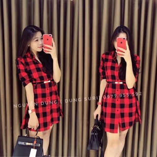 Đầm sơ mi caro form dài